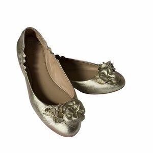 Tory Burch Blossom Floral Appliqué Metallic Spark Gold Lesther Ballet Flats 6.5
